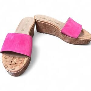 Stuart Weitzman Pink Suede Cork Platform Slide Sandals – Size 9B  Retail $395